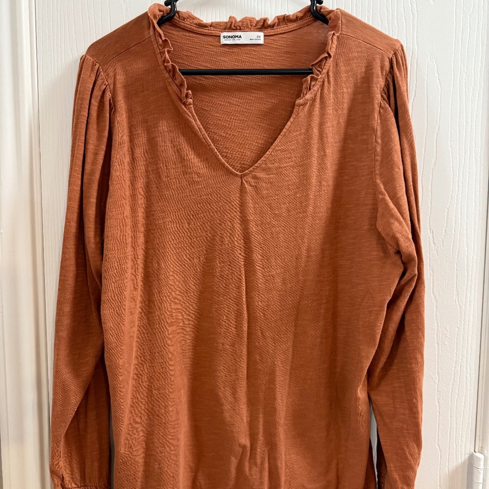 Sonoma Goods for Life Ruffle V-Neck Top – Rust, Long Sleeve, Size OX